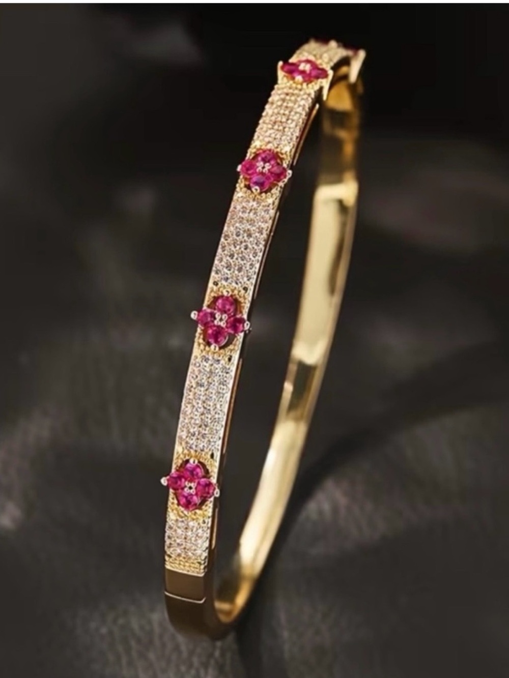 Macy's Gold Bangle Bracelet with Pink Stone Flowers